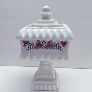 Vintage Milk Glass Large Covered Compote Handpainted Grape Leaves